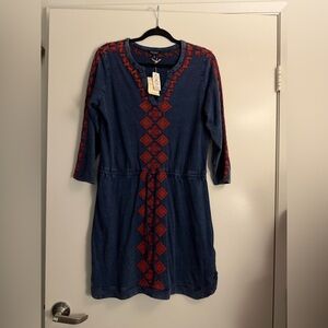 NWT Lucky Brand Blue Dress with Red Embroidery